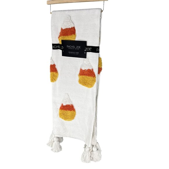 Rachel Zoe NWT Throw Blanket 50" X 60" Off White Tri Color 3D Candy Corn Tassels - Picture 9 of 9